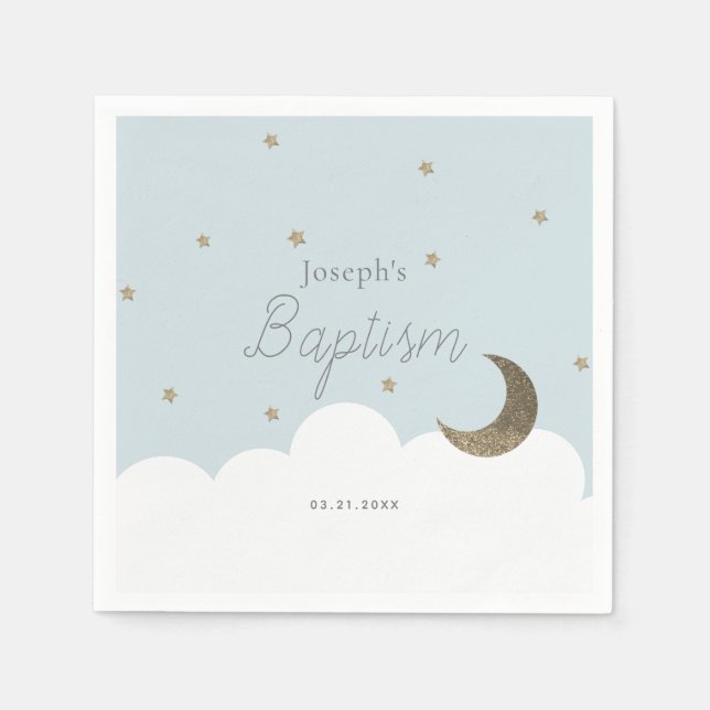 Crescent Moon & Stars Light Blue Boy Baptism Napkins (Front)