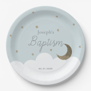 Crescent Moon & Stars Light Blue Boy Baptism Paper Plates
