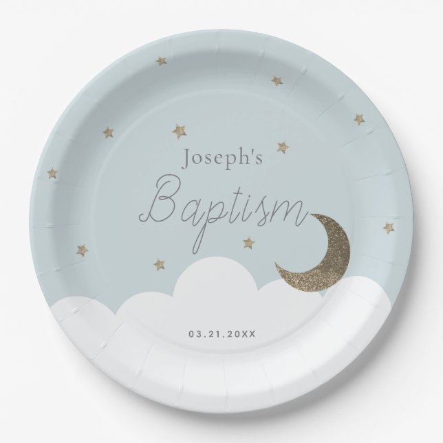 Crescent Moon & Stars Light Blue Boy Baptism Paper Plates (Front)