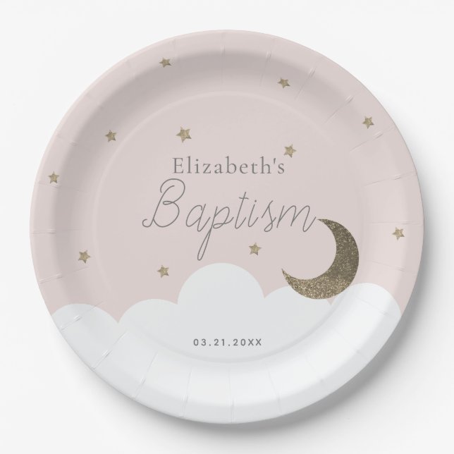 Crescent Moon & Stars Light Pink Girl Baptism Paper Plates (Front)