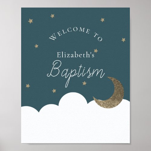 Crescent Moon Stars Navy Blue Baptism Welcome Sign