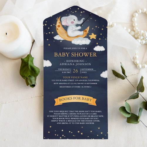Crescent Moon Stars Navy Blue Elephant Baby Shower All In One Invitation