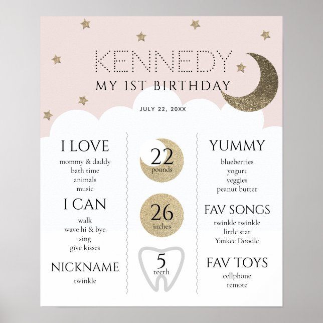 Crescent Moon & Stars Pink 1st Birthday Milestone Poster (Front)