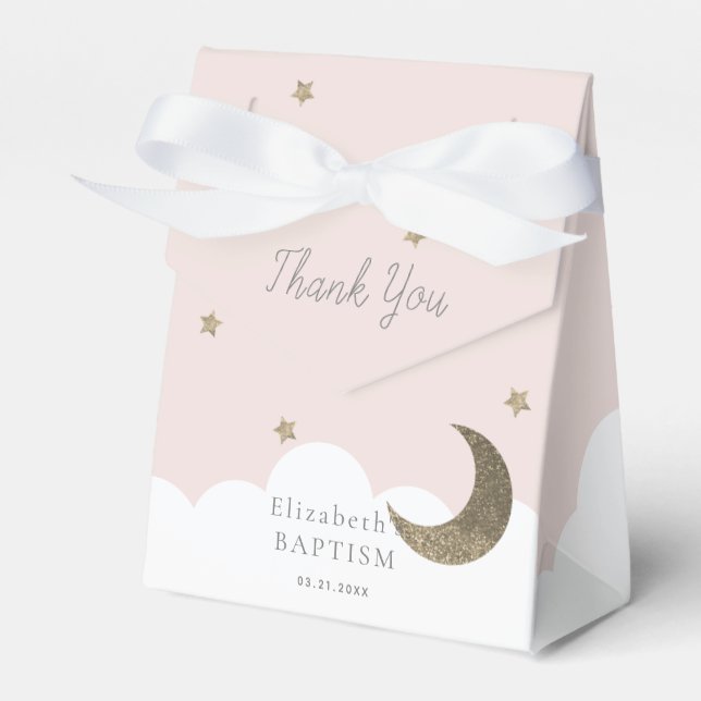 Crescent Moon & Stars Pink Girl Baptism Favor Box (Front Side)