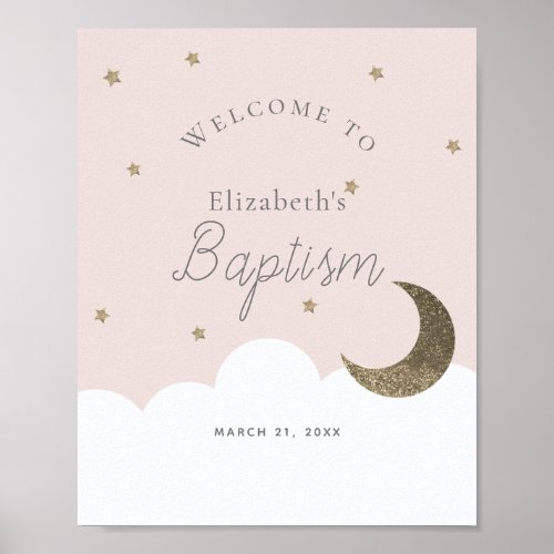 Crescent Moon Stars Pink Girl Baptism Welcome Sign