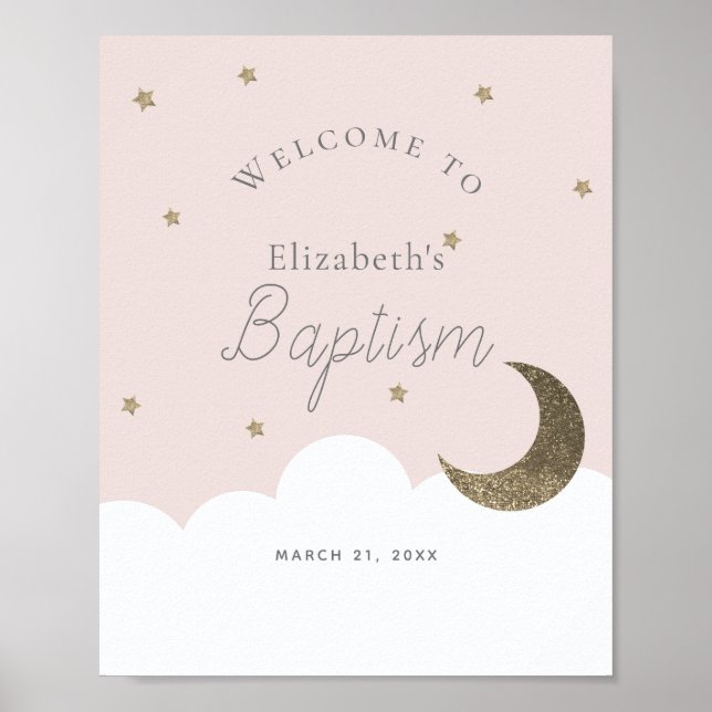 Crescent Moon Stars Pink Girl Baptism Welcome Sign (Front)