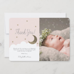 Crescent Moon & Stars Pink Girl Photo Baptism Thank You Card