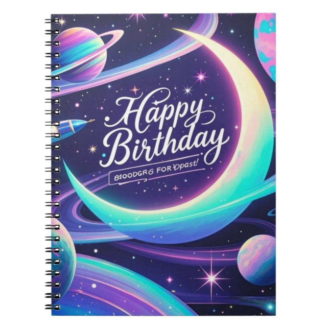 Crescent moon, stars, planets Galaxy-themed Notebook (Front)