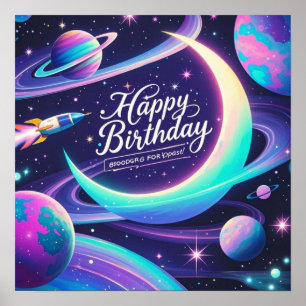 Crescent moon, stars, planets Galaxy-themed Poster