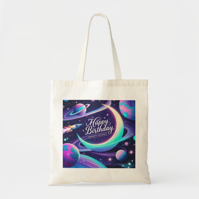 Crescent moon, stars, planets Galaxy-themed Tote Bag (Front)