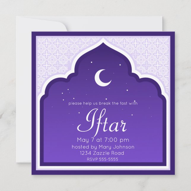 Crescent Moon & Stars Ramadan, purple, gray Invitation (Front)