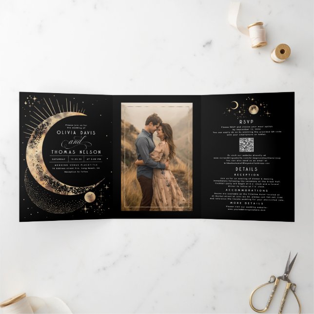 Crescent Moon Sun Halo Celestial Wedding Photo Tri-Fold Invitation
