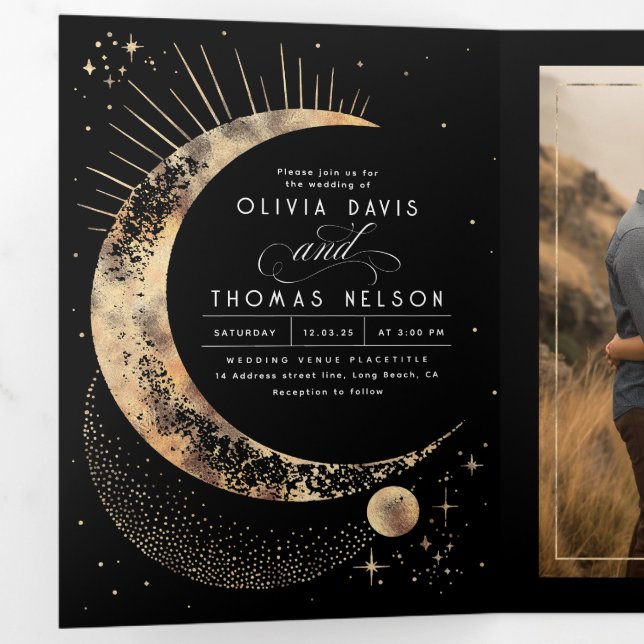 Crescent Moon Sun Halo Celestial Wedding Photo Tri-Fold Invitation