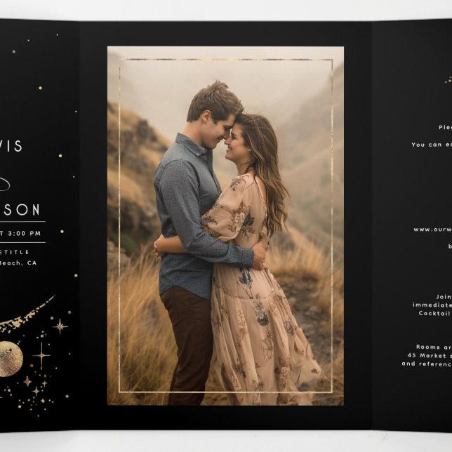 Crescent Moon Sun Halo Celestial Wedding Photo Tri-Fold Invitation