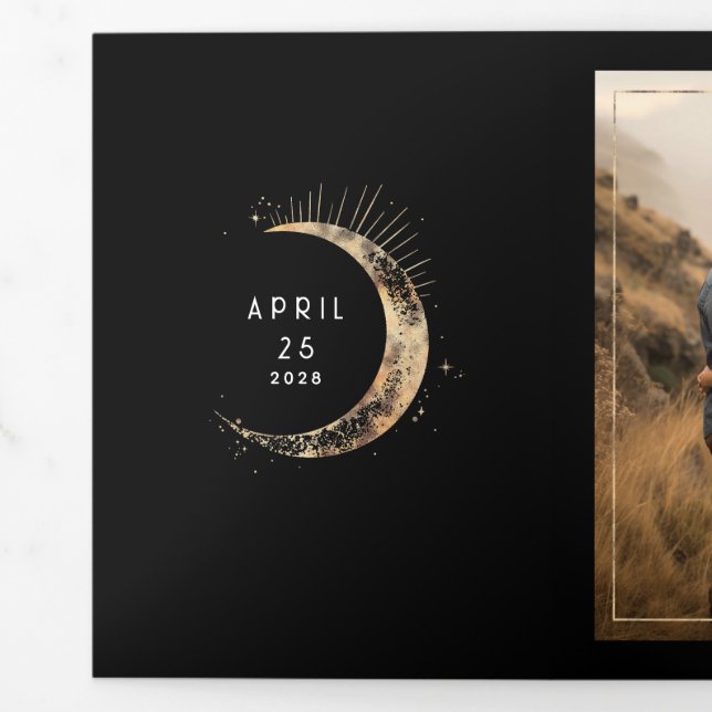 Crescent Moon Sun Halo Celestial Wedding Photo Tri-Fold Invitation
