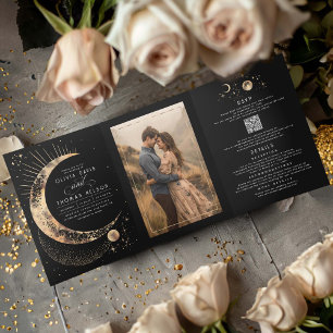 Crescent Moon Sun Halo Celestial Wedding Photo Tri-Fold Invitation