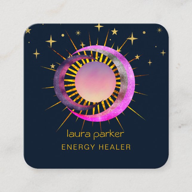 Crescent Moon Sun Purple Mystic Boho Cosmic Sky Square Business Card (Front)