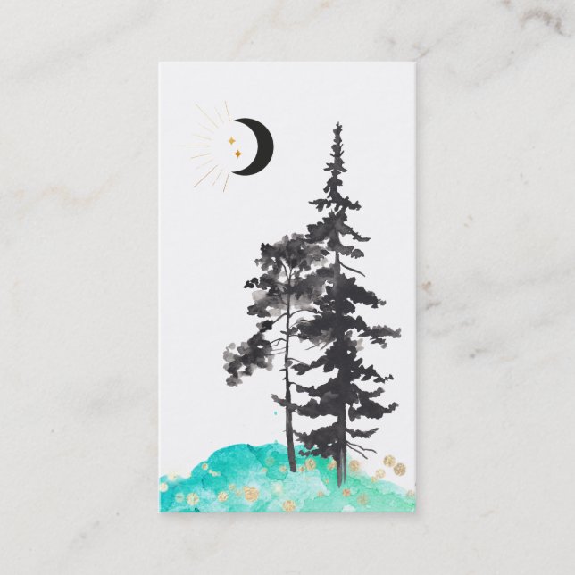 *~*  Crescent Moon Trees Gold Stars Glitter  Mint Business Card (Front)