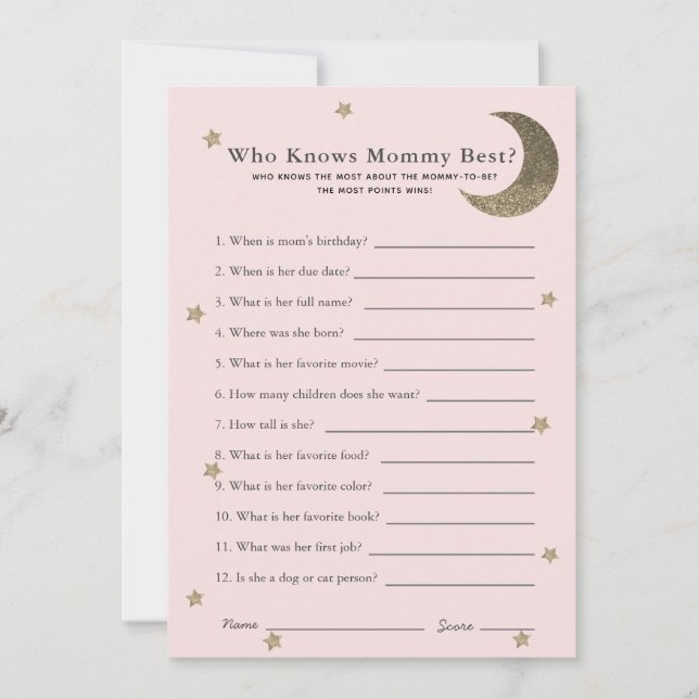 Crescent Moon Who Knows Mom Shower Game Pink Card (Front)