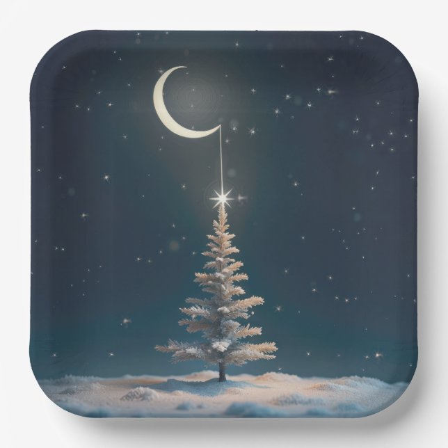 Crescent Moon With a Christmas Star Paper Plates (Front)