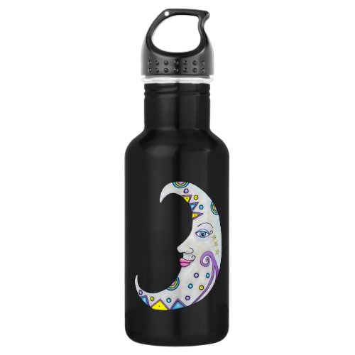 Crescent Moon With Face Abstract Markings Scroll Stainless Steel Water Bottle