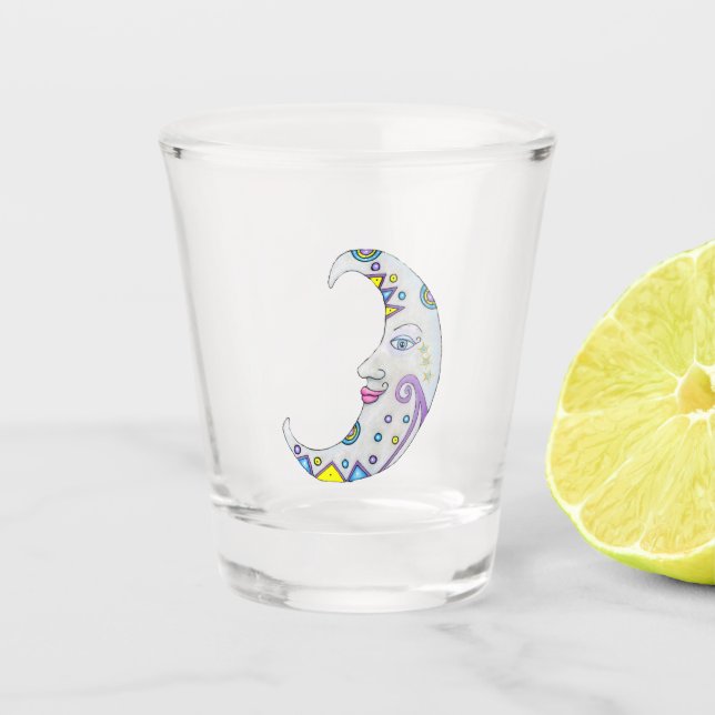 Crescent Moon With Face Abstract Shapes Colors Shot Glass (Front)