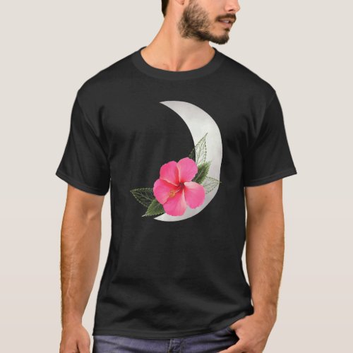 Crescent Moon With Hibus Flower  Tropical Flower T_Shirt