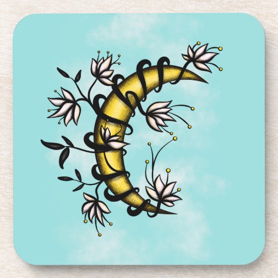Crescent Moon Wrapped In Flowers Tattoo Style Beverage Coaster