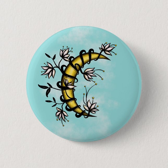 Crescent Moon Wrapped In Flowers Tattoo Style Button (Front)