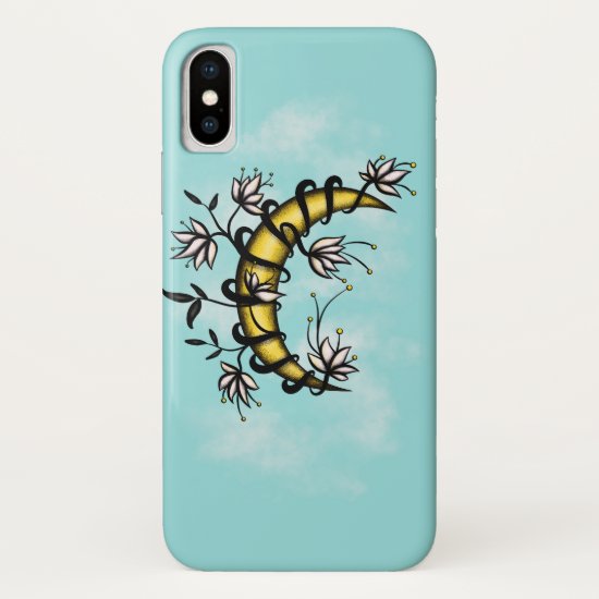 Crescent Moon Wrapped In Flowers Tattoo Style iPhone X Case