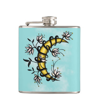 Crescent Moon Wrapped In Flowers Tattoo Style Flask