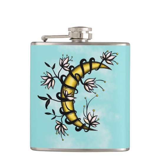 Crescent Moon Wrapped In Flowers Tattoo Style Flask