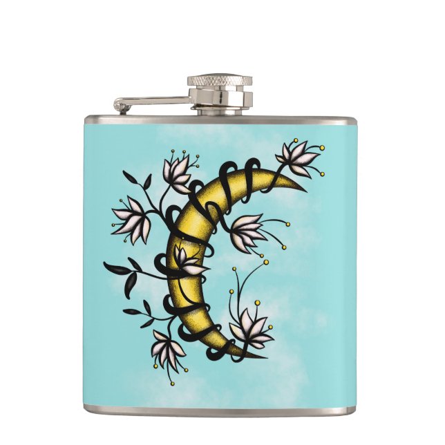 Crescent Moon Wrapped In Flowers Tattoo Style Flask (Front)