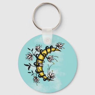 Crescent Moon Wrapped In Flowers Tattoo Style Keychain