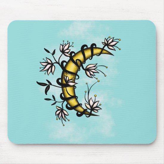 Crescent Moon Wrapped In Flowers Tattoo Style Mouse Pad