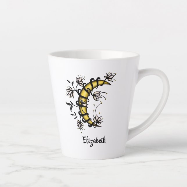 Crescent Moon Wrapped In Flowers Tattoo Style Name Latte Mug (Right)