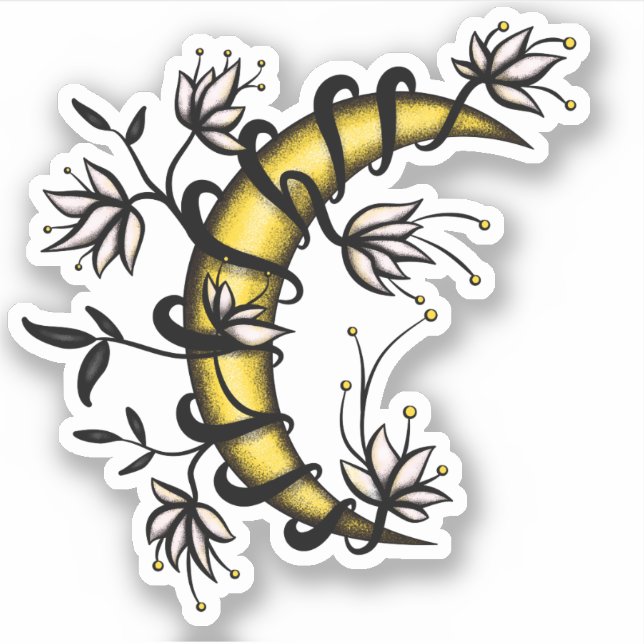 Crescent Moon Wrapped In Flowers Tattoo Style Sticker (Front)