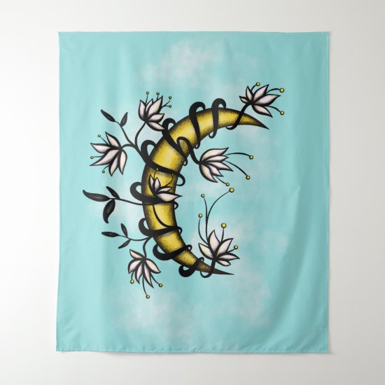 Crescent Moon Wrapped In Flowers Tattoo Style Tapestry