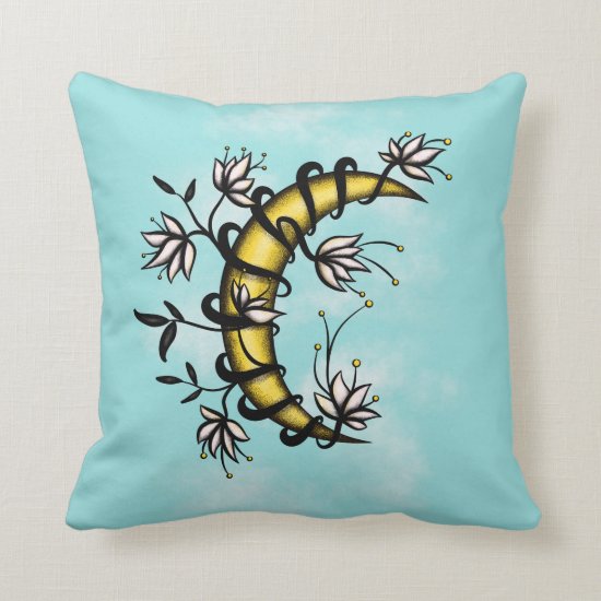 Crescent Moon Wrapped In Flowers Tattoo Style Throw Pillow