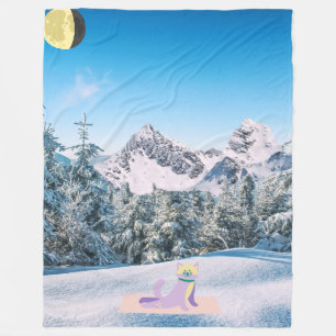 Crescent Moon Yoga Cat in the Snowy Mountains Fleece Blanket