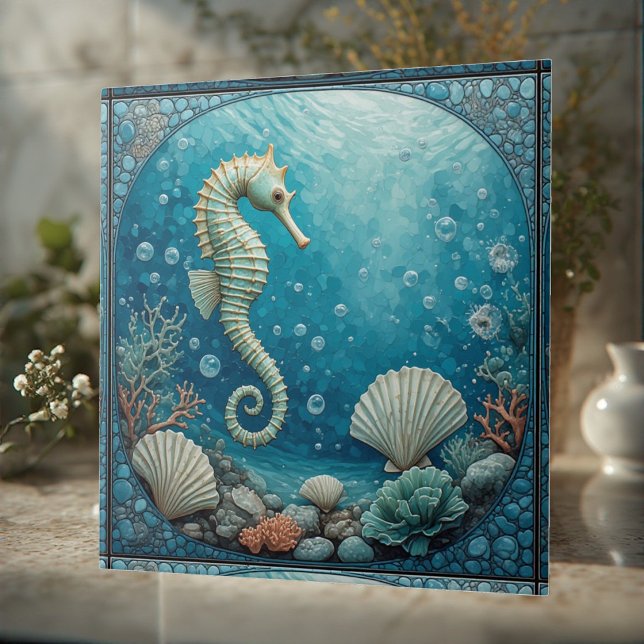 Crescent Moonlit Coastal Seahorse Tropical Coral  Ceramic Tile (Crescent Moonlit Coastal Seahorse Tropical Coral Ceramic Tile)