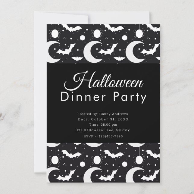 Crescent Moons Bats Spiders Halloween Dinner Party Invitation (Front)