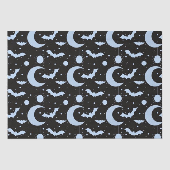 Crescent Moons, Spiders and Bats Black Halloween Tissue Paper (Front)