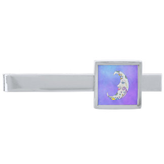 Crescent White Moon Colorful markings Purple Sky Silver Finish Tie Bar