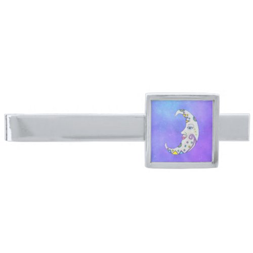 Crescent White Moon Colorful markings Purple Sky Silver Finish Tie Bar