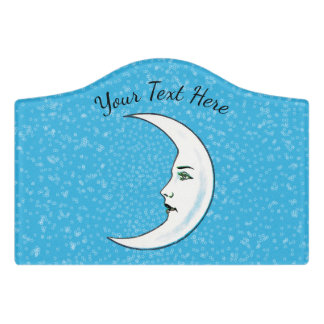 Crescent White Moon Pretty Face White stars Blue Door Sign