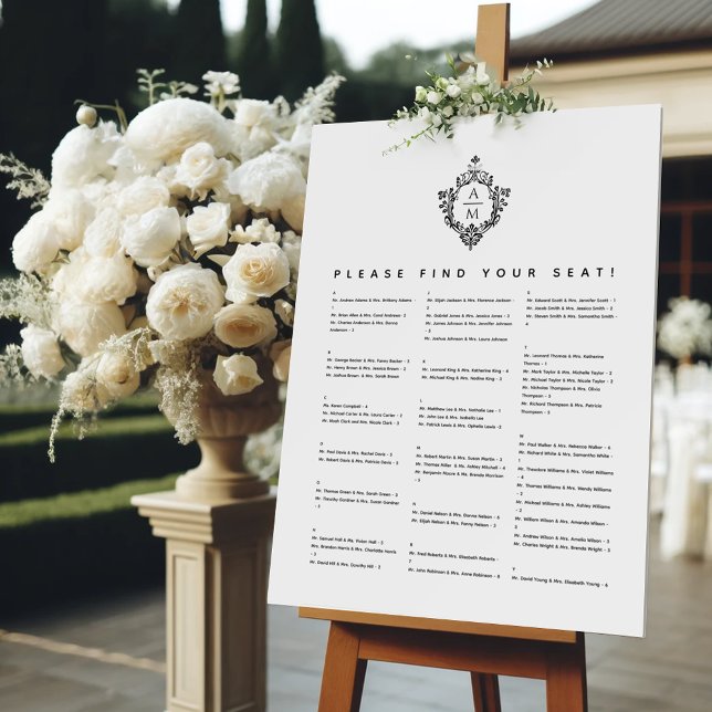 Crest Black and White Alphabetical Seating Chart Foam Board (Creator Uploaded)