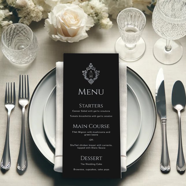 Crest Black Elegant Vintage Gray Monogram Wedding  Menu (Creator Uploaded)