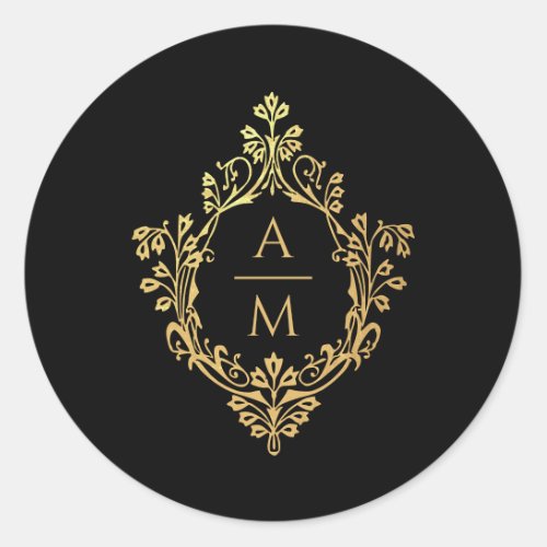 Crest Black Faux Gold Elegant Monogram 2 Initials Classic Round Sticker