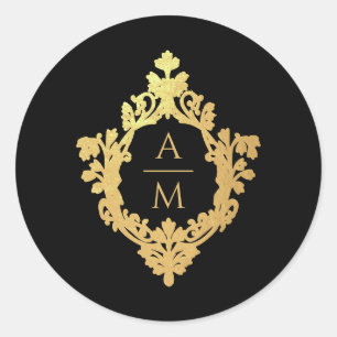 Crest Black Faux Gold Elegant Monogram 2 Initials Classic Round Sticker